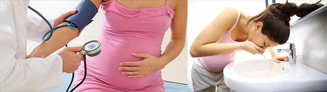 Беременная девушка измеряет давление и токсикоз